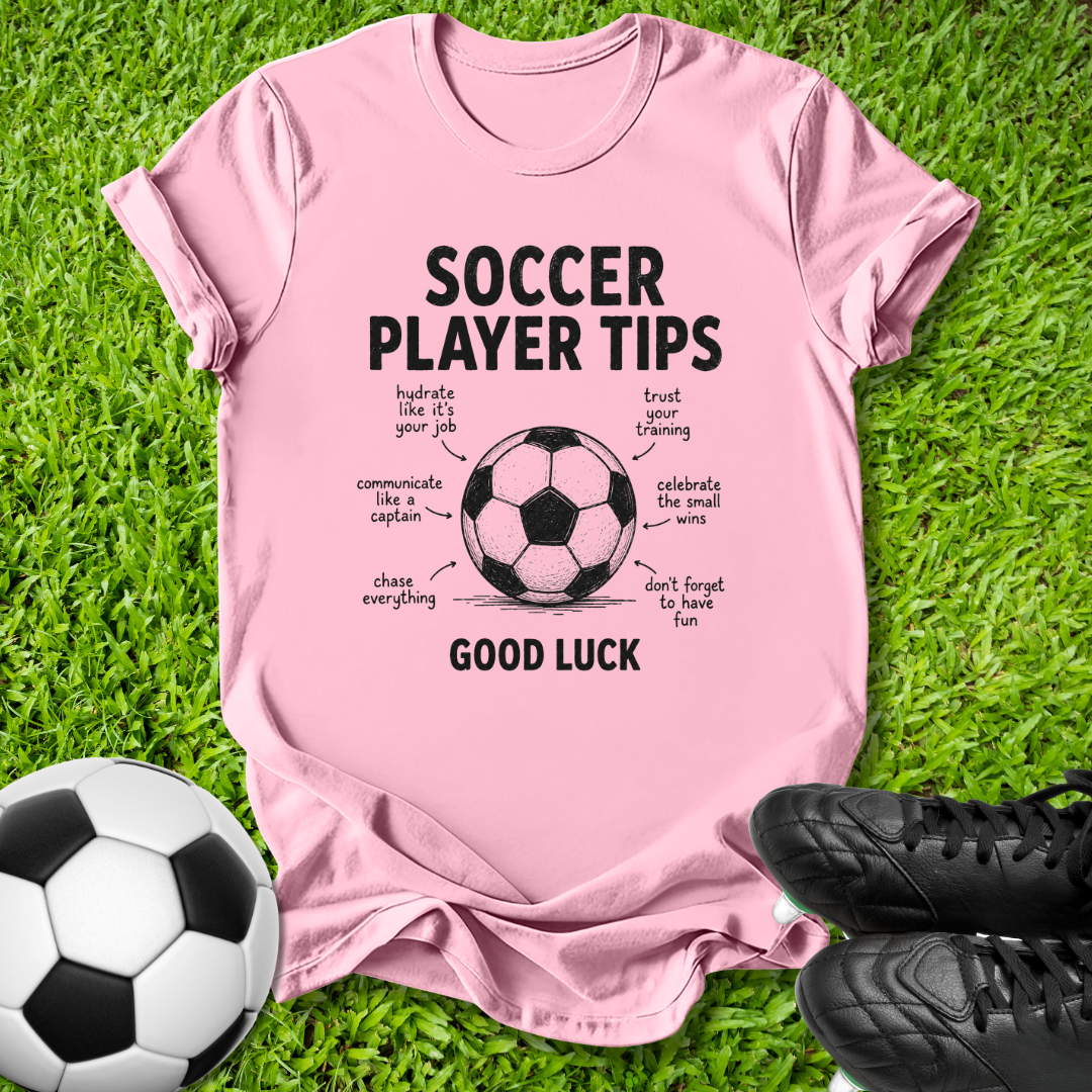 A pink short-sleeve graphic T-shirt laid flat on green grass, featuring a soccer ball illustration and the text 'SOCCER PLAYER TIPS' and 'GOOD LUCK' with handwritten-style notes around it. A soccer ball and black cleats are placed around the shirt as props.