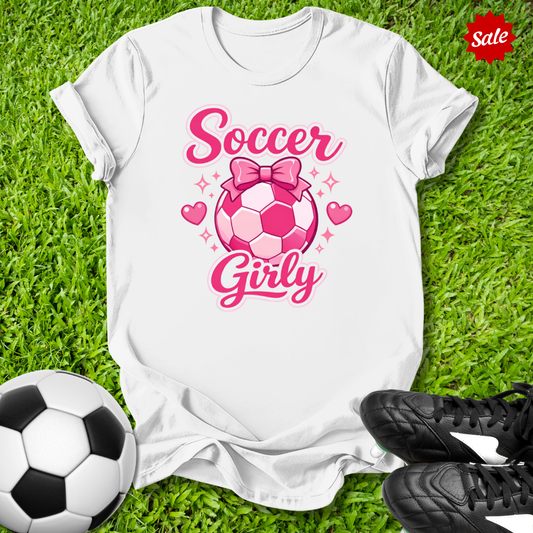 White t-shirt with pink soccer ball design and 'Soccer Girly' text on grass with soccer ball and shoes.