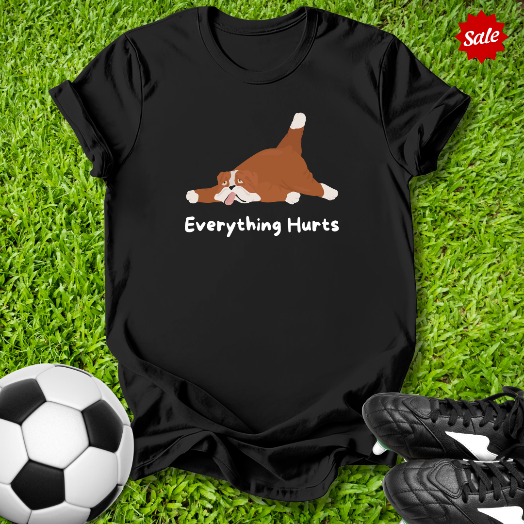 Black t-shirt with a dog graphic and 'Everything Hurts' text on grass with soccer ball and shoes.