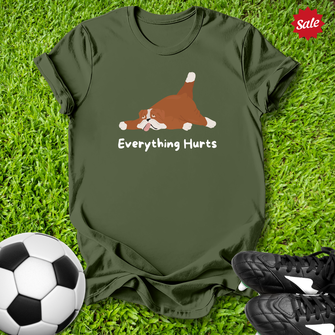 Green t-shirt with a dog graphic and 'Everything Hurts' text on grass with soccer ball and shoes.