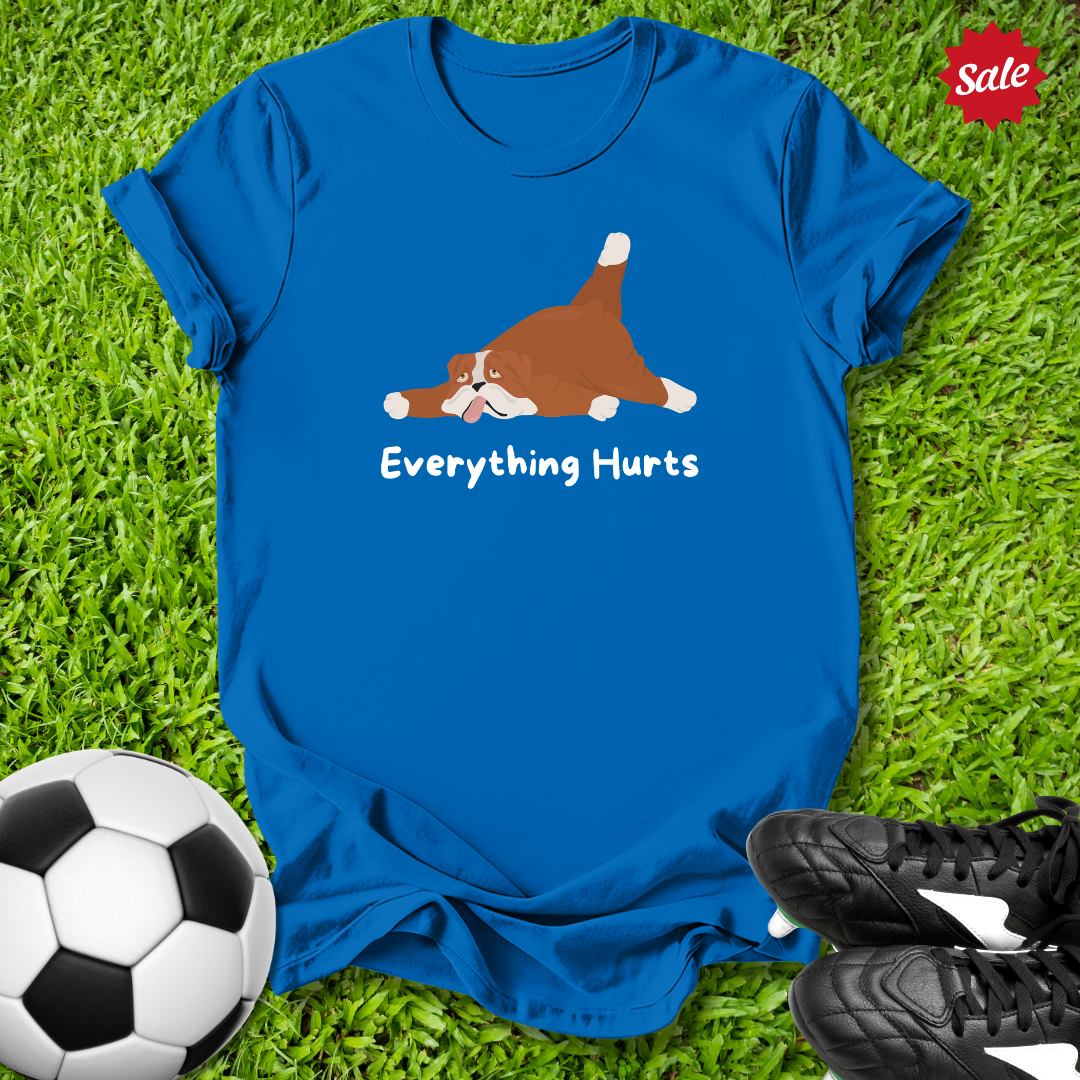 Blue t-shirt with a dog graphic and 'Everything Hurts' text on grass with soccer ball and shoes.