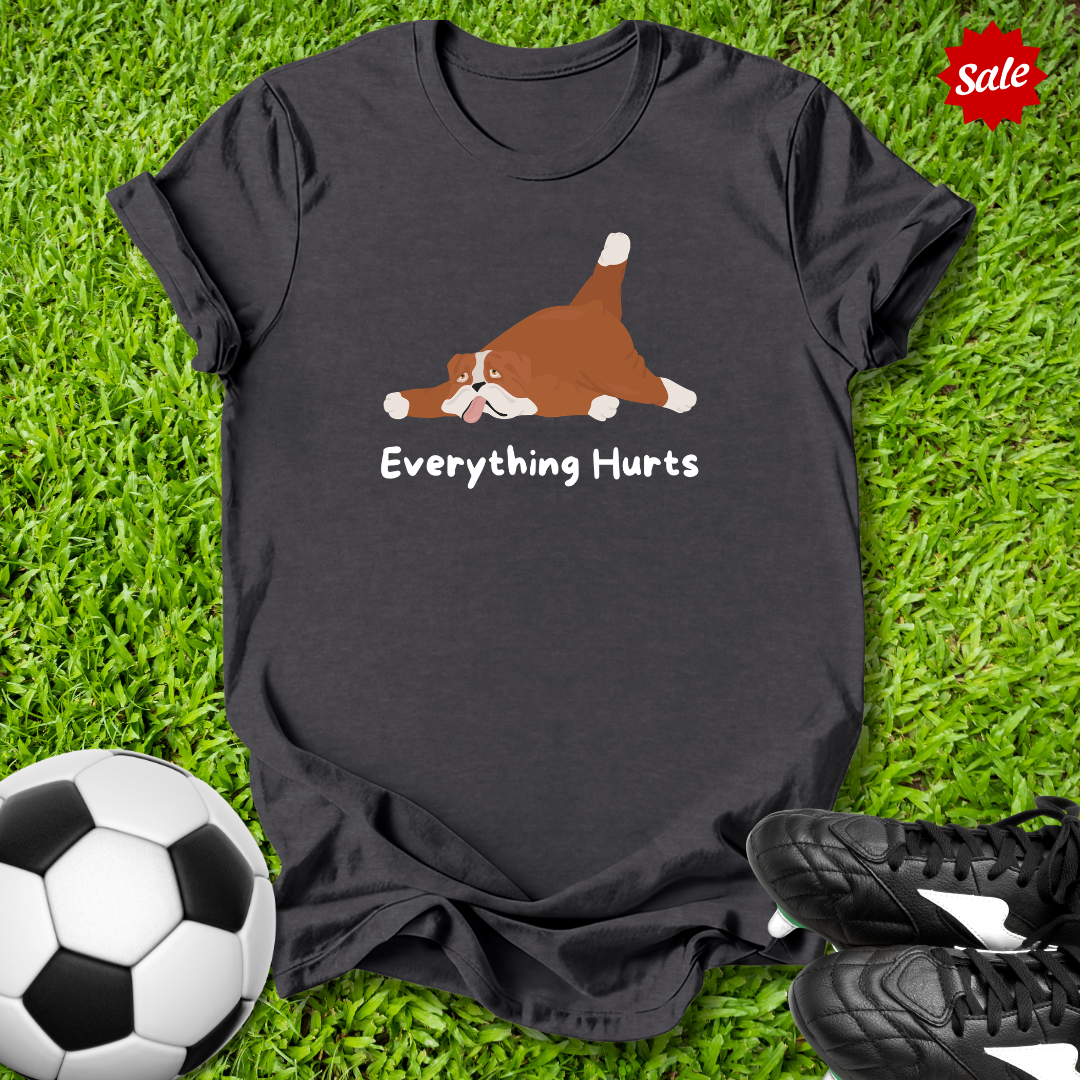 Black t-shirt with a dog graphic and 'Everything Hurts' text on grass with soccer ball and shoes.