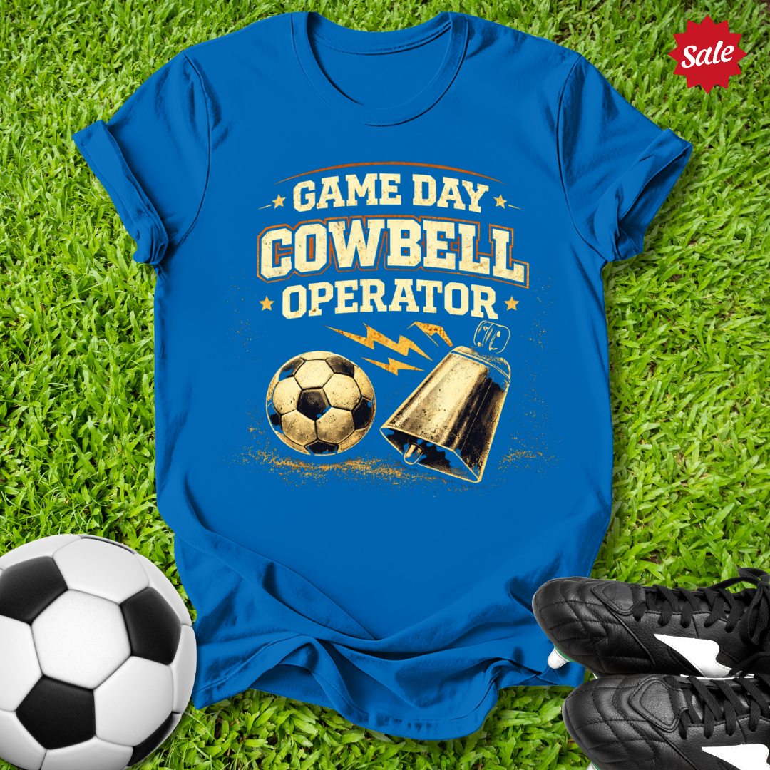 Blue t-shirt with 'Game Day Cowbell Operator' design on grass with soccer ball and shoes.