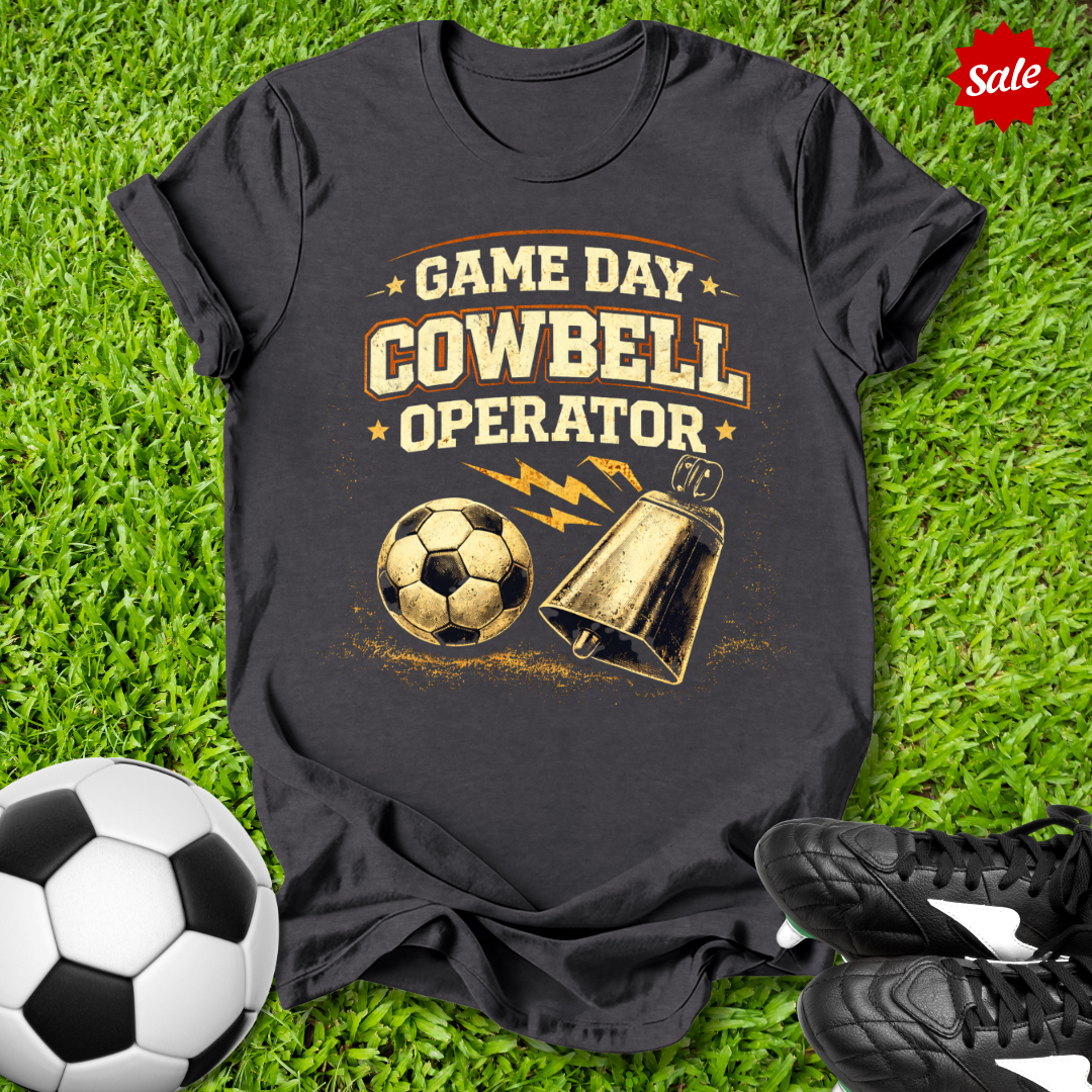 Black t-shirt with 'Game Day Cowbell Operator' design on grass with soccer ball and shoes.