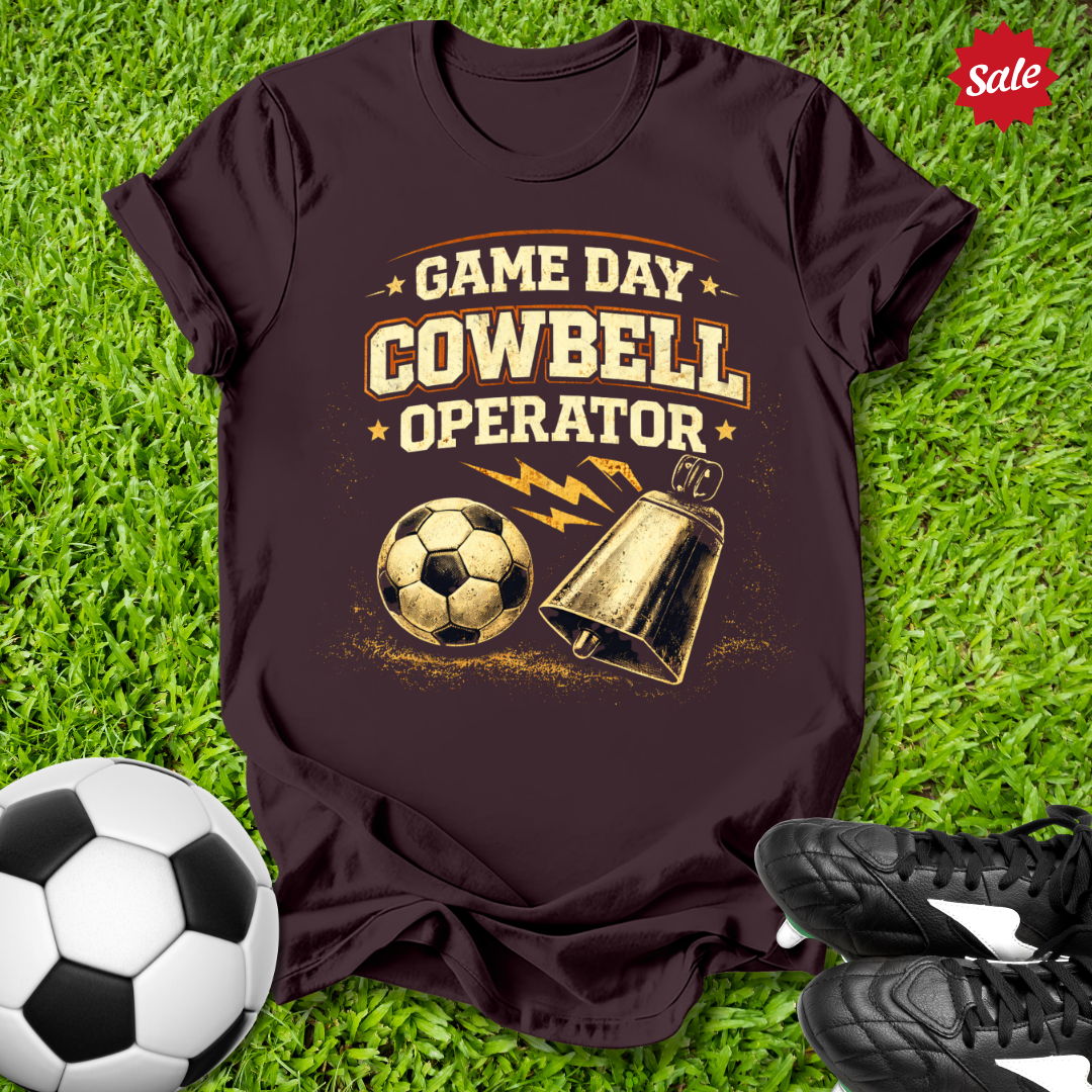 Brown t-shirt with 'Game Day Cowbell Operator' design on grass with soccer ball and shoes.