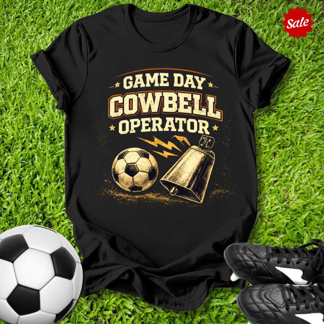 Black t-shirt with 'Game Day Cowbell Operator' design on grass with soccer ball and shoes.