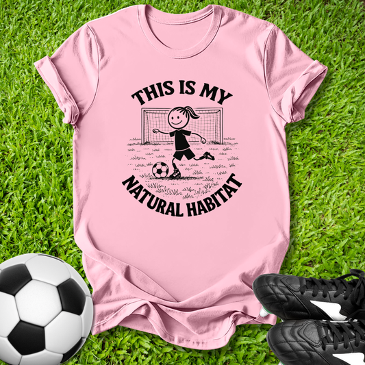 Pink t-shirt with soccer-themed this is my natural habitat design on grass with soccer ball and shoes