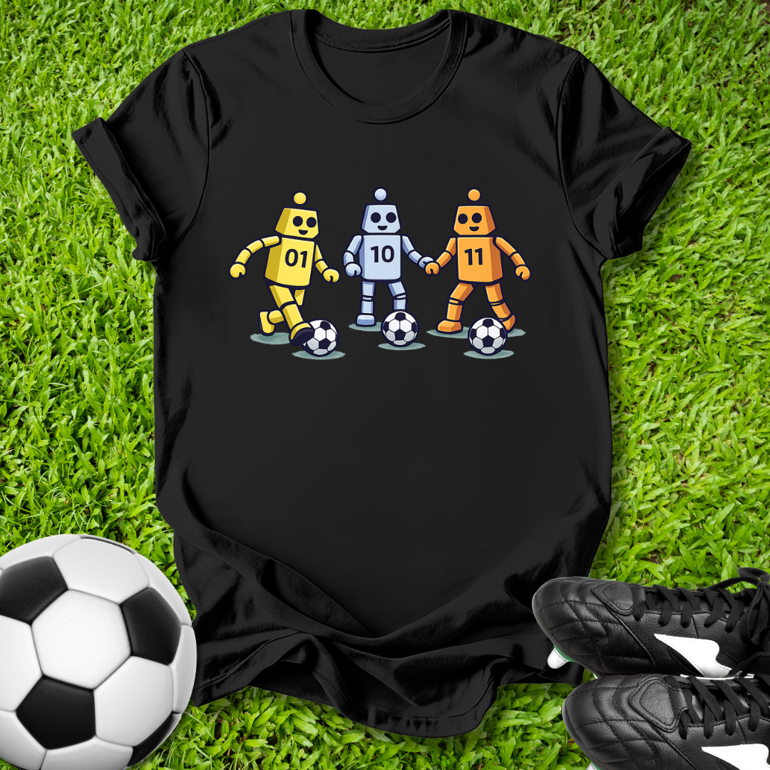 Black t-shirt with robot design on grass with soccer ball and shoes