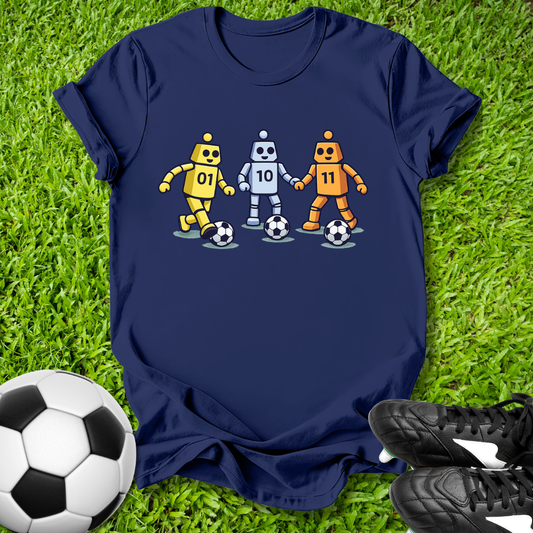 Navy blue t-shirt with robot design on grass with soccer ball and shoes