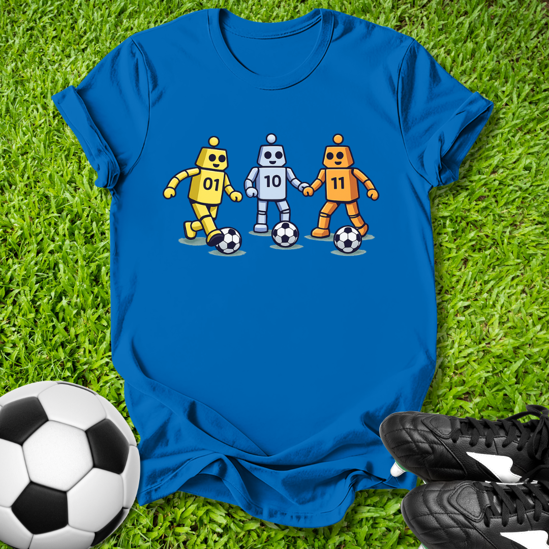 Blue t-shirt with robot design on grass with soccer ball and shoes