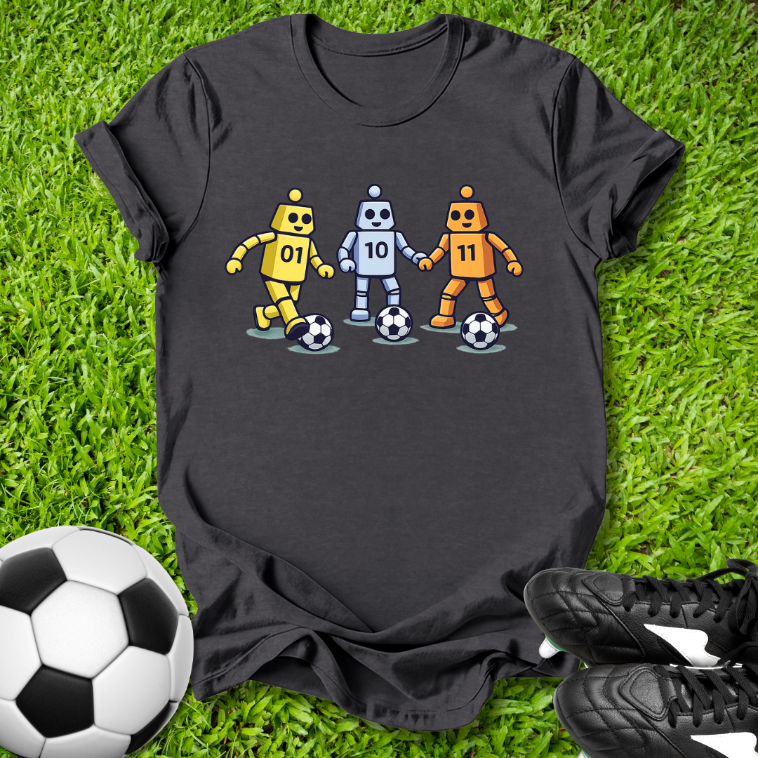 Black t-shirt with robot design on grass with soccer ball and shoes