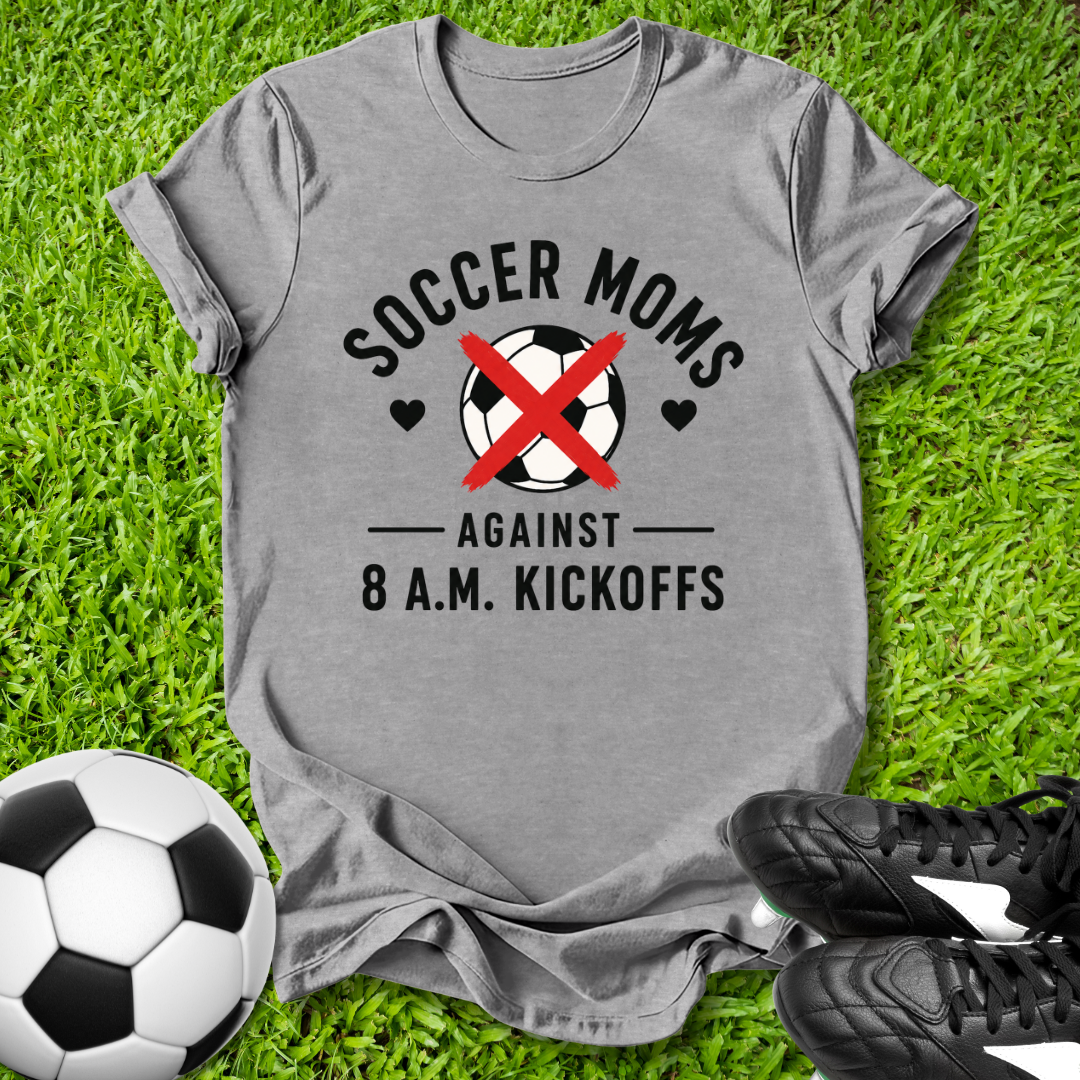 Gray t-shirt with soccer mom design on grass with soccer ball and cleats