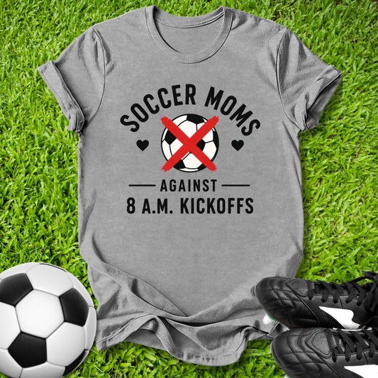 Gray t-shirt with soccer mom design on grass with soccer ball and cleats
