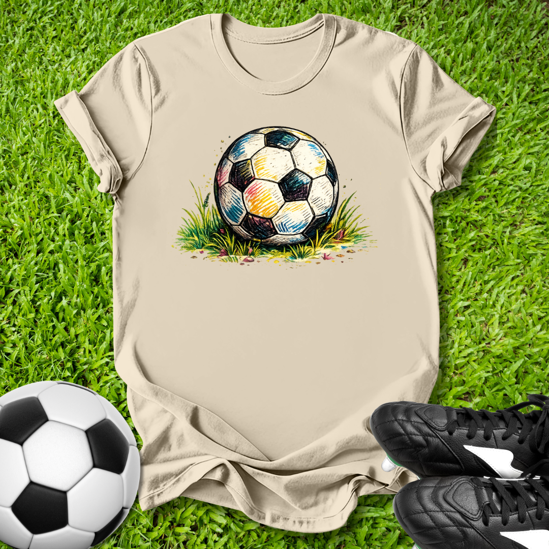 Beige t-shirt with soccer ball design on grass with soccer ball and shoes.