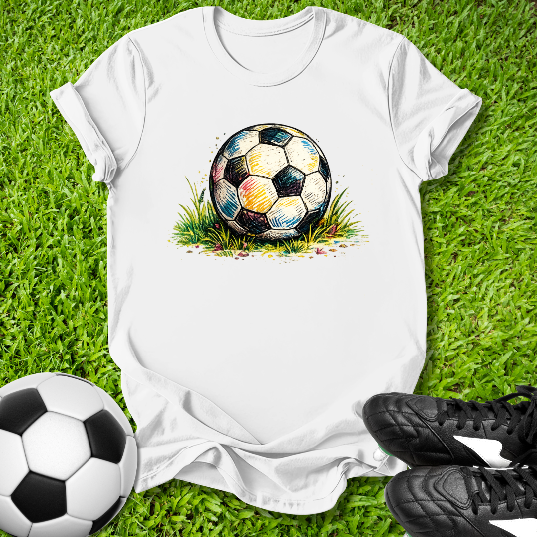White t-shirt with a colorful soccer ball graphic on grass, next to a soccer ball and cleats.