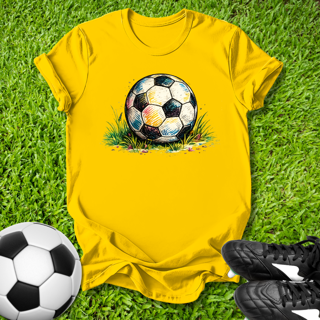 Yellow t-shirt with soccer ball graphic on grass, next to a real soccer ball and black shoes.