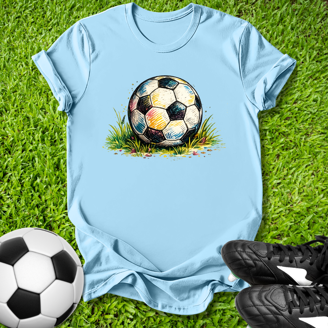Light blue t-shirt with a colorful soccer ball graphic on grass, next to a real soccer ball and cleats.