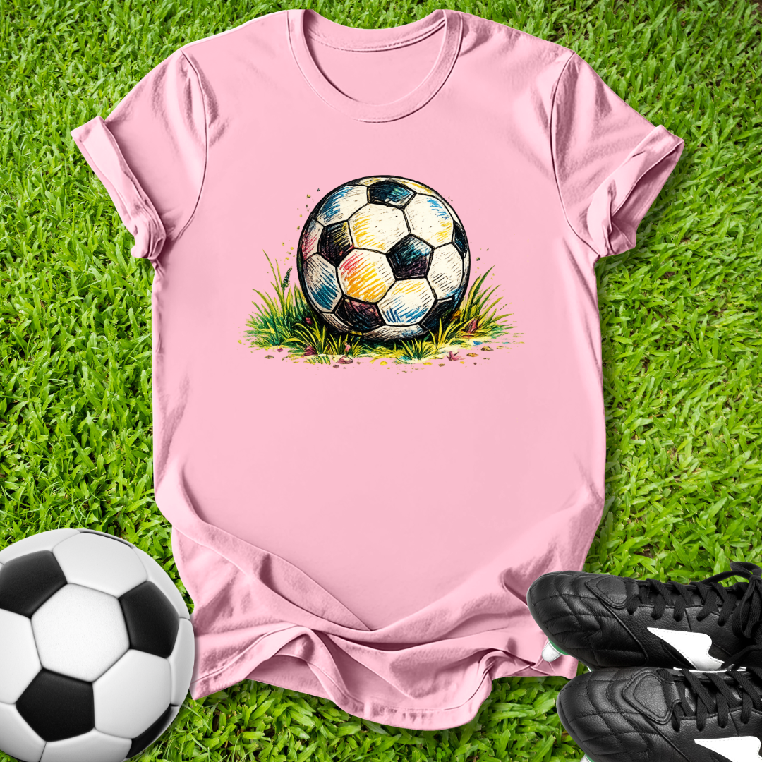 Pink t-shirt with soccer ball design on grass, next to a soccer ball and shoes.