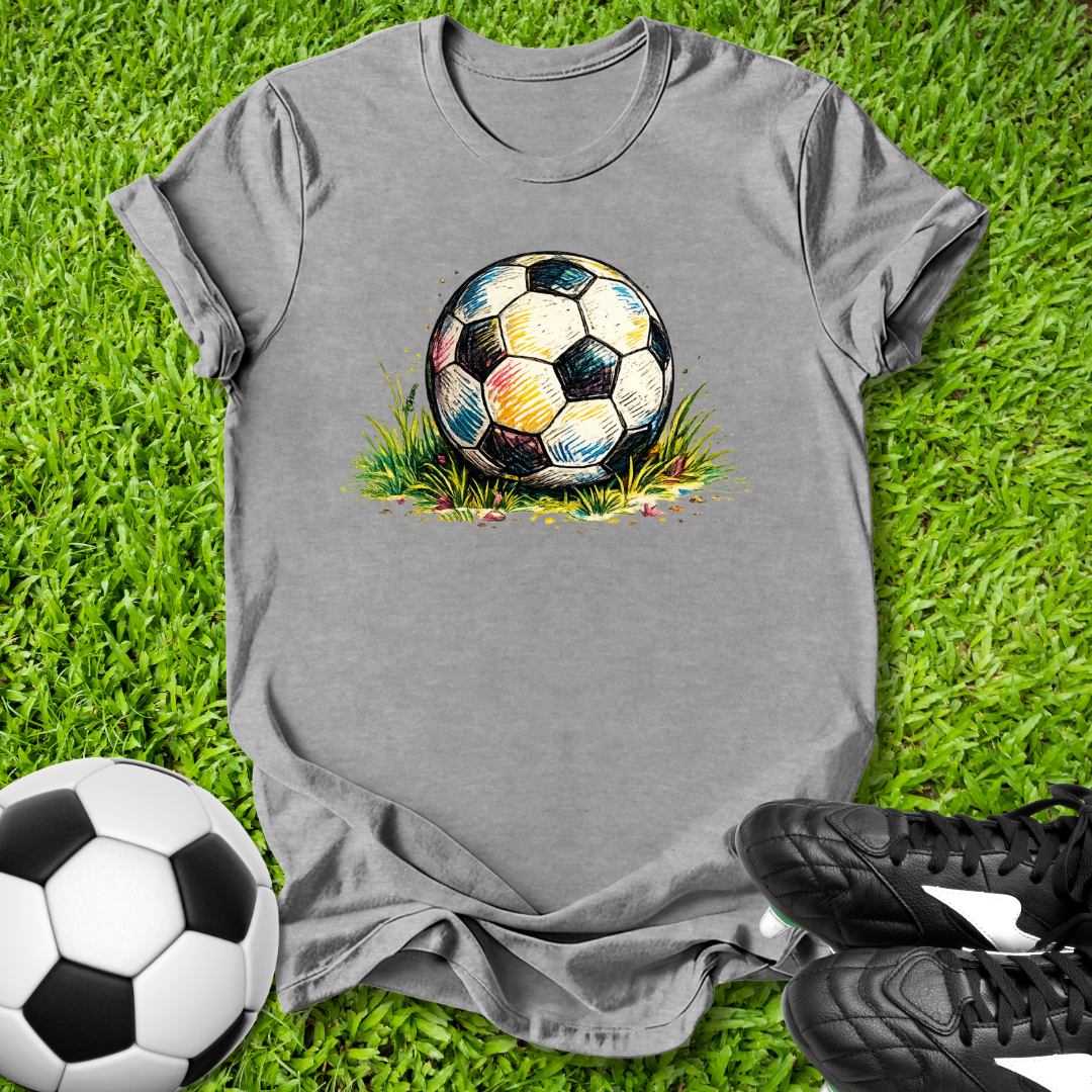 Gray t-shirt with a colorful soccer ball graphic on grass, next to a real soccer ball and black cleats.