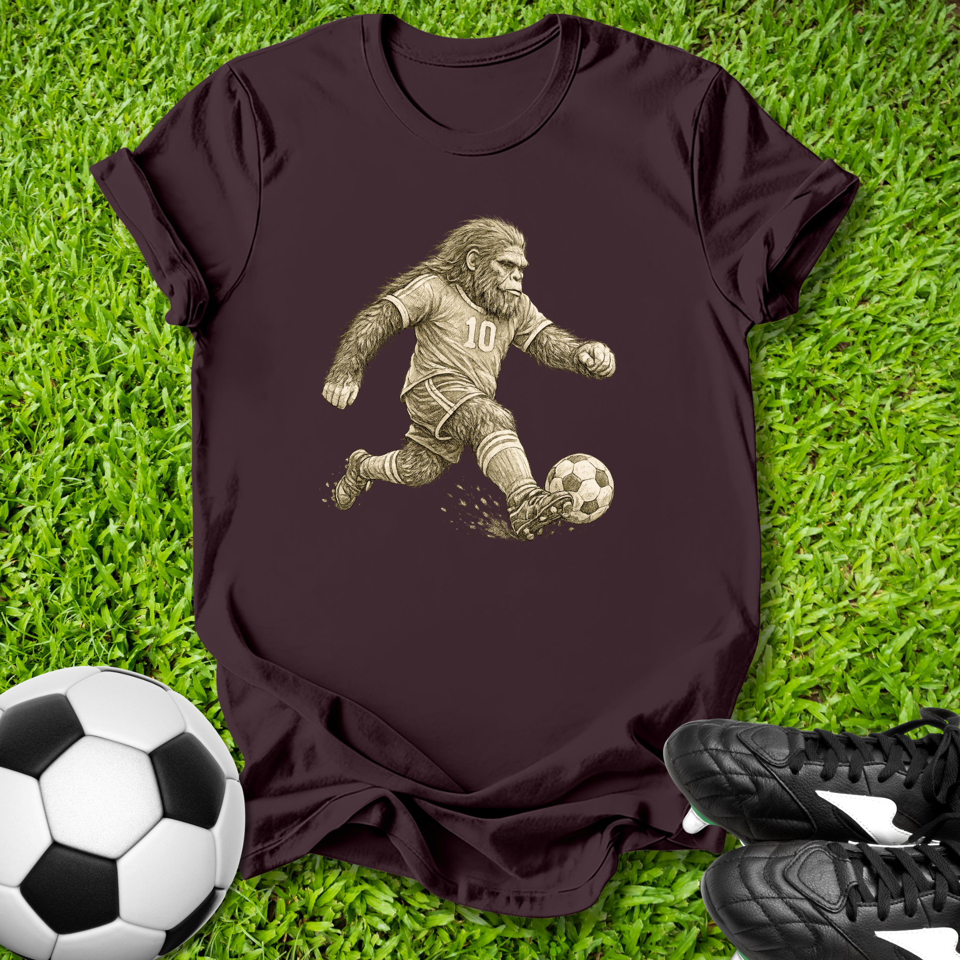 Maroon t-shirt with a graphic of a gorilla playing soccer on grass with a soccer ball and shoes.