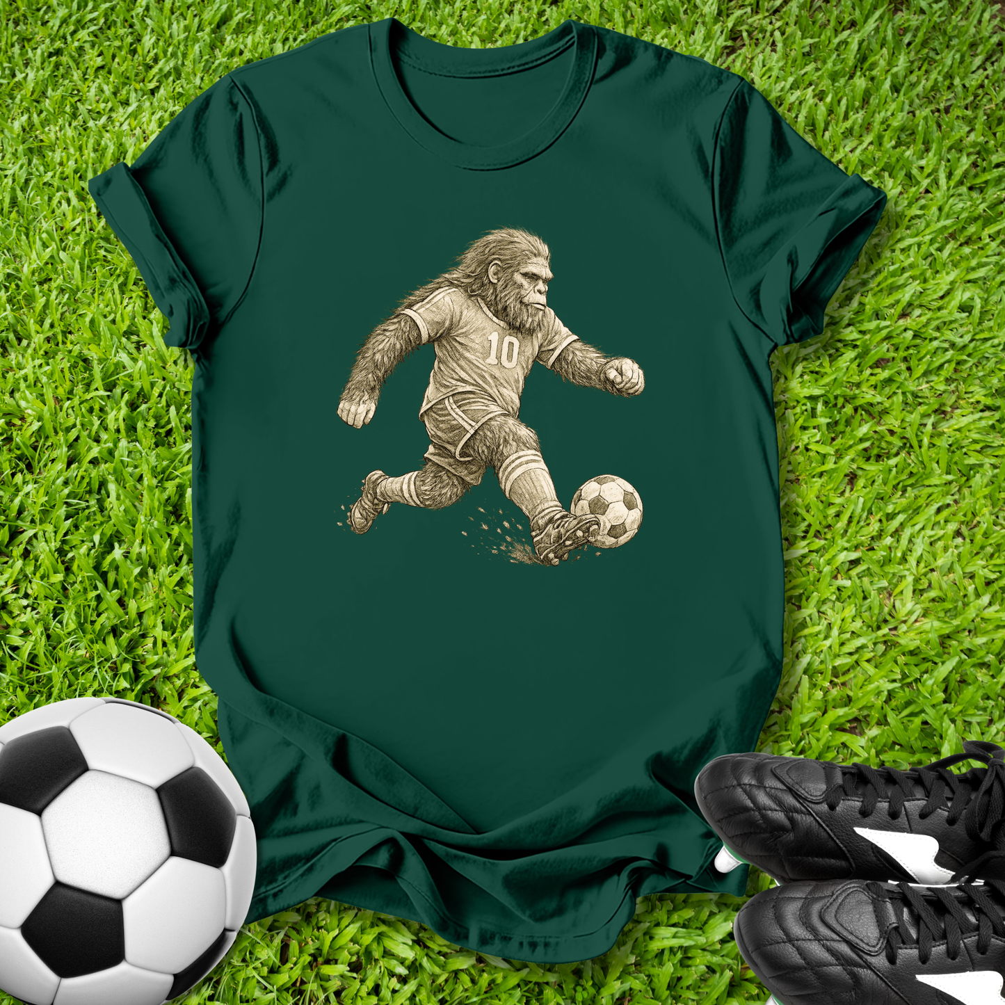 Green t-shirt with a graphic of a gorilla playing soccer on grass, next to a soccer ball and shoes.