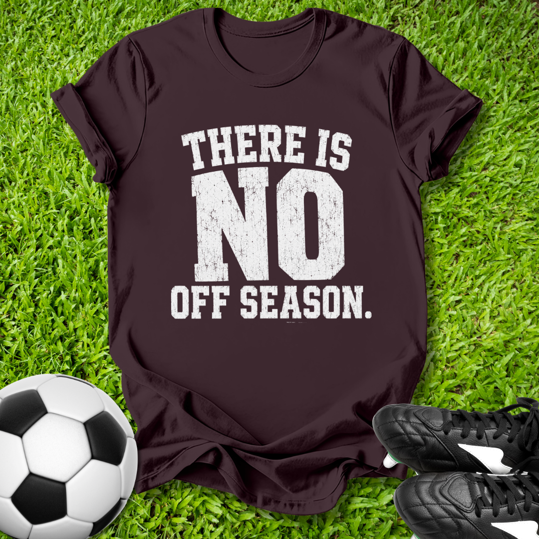 Brown t-shirt with 'There is no off season' text on grass with soccer ball and shoes.
