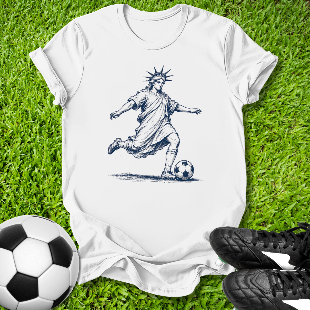 White t-shirt with a graphic of the Statue of Liberty playing soccer on grass with soccer ball and shoes.