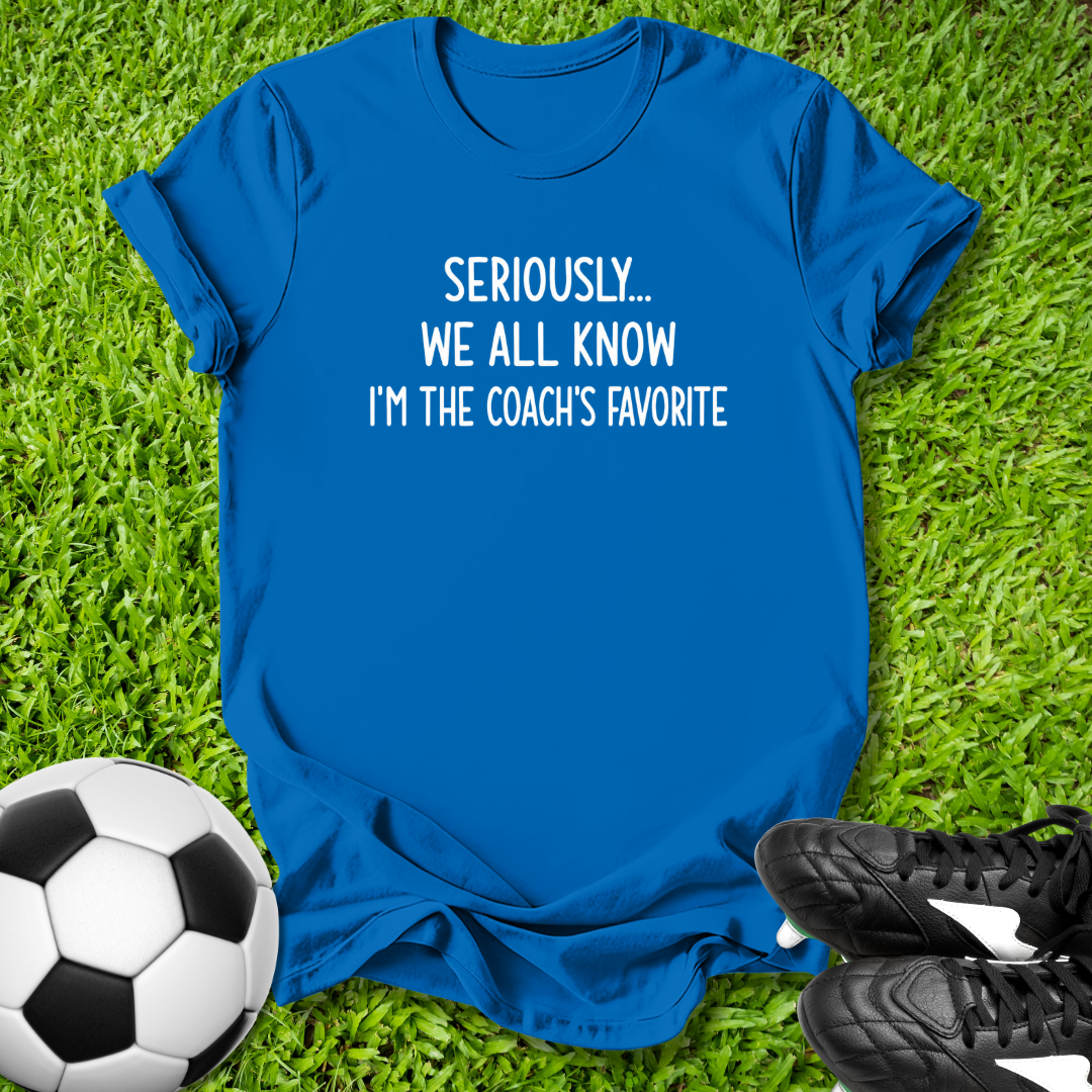 Blue t-shirt with humorous text on grass with soccer ball and shoes