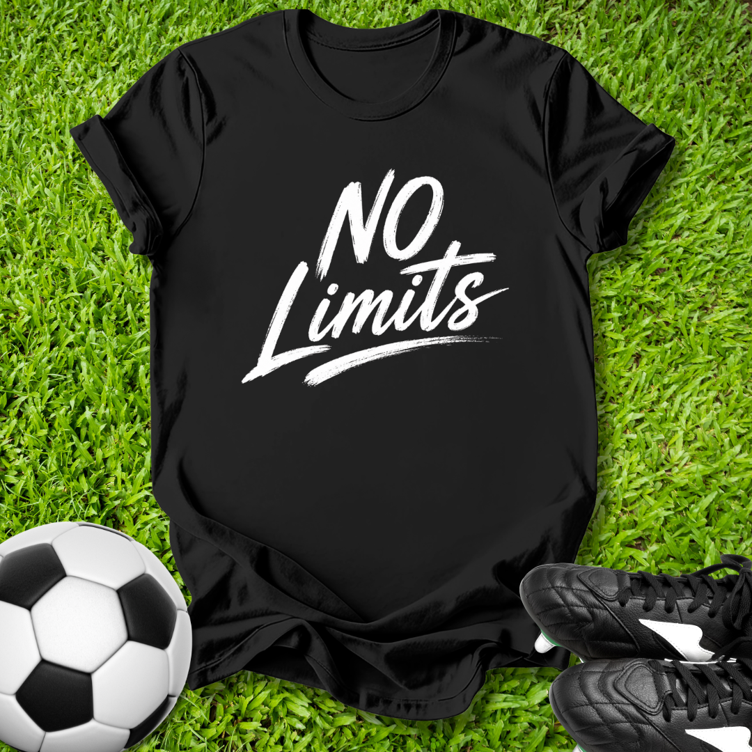 Black t-shirt with 'NO Limits' text on grass with soccer ball and shoes