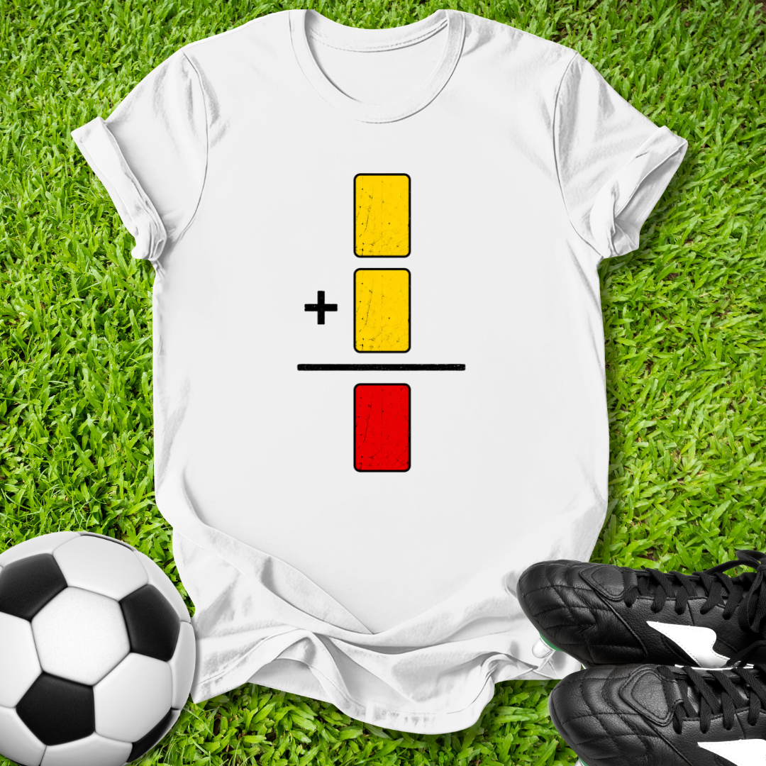 White t-shirt with traffic light design on grass with soccer ball and cleats