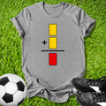 Gray t-shirt with traffic light design on grass with soccer ball and shoes