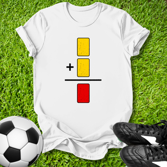 White t-shirt with traffic light design on grass with soccer ball and cleats