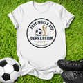 A white short-sleeve T-shirt laid flat on green grass, featuring a circular graphic that reads 'POST-WORLD CUP DEPRESSION CLUB' with a soccer ball, trophy, and '4 YEAR MEMBERSHIP' text. A black-and-white soccer ball appears at the lower left, and black cleats are at the lower right.