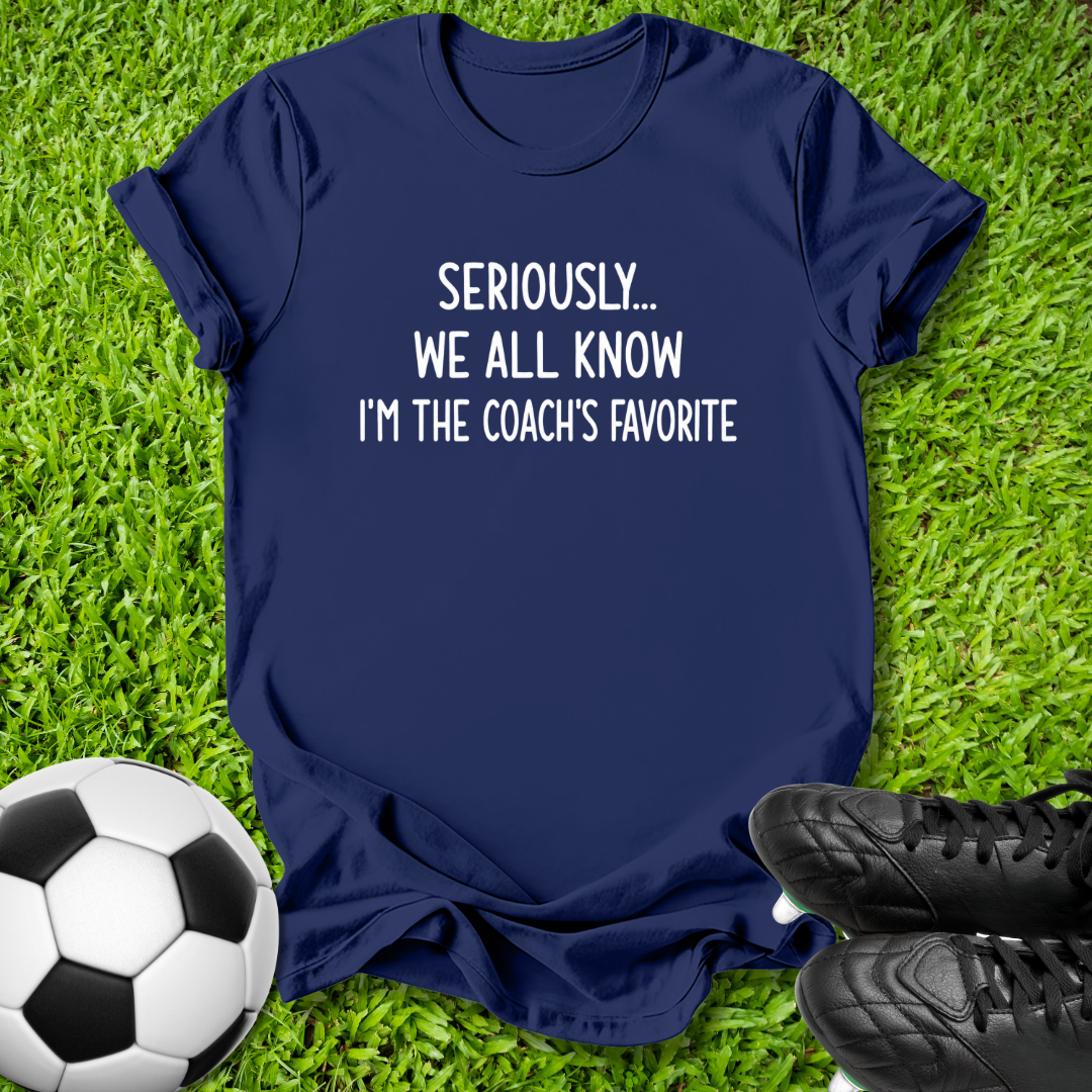 A navy blue graphic t-shirt with white text reading 'SERIOUSLY.