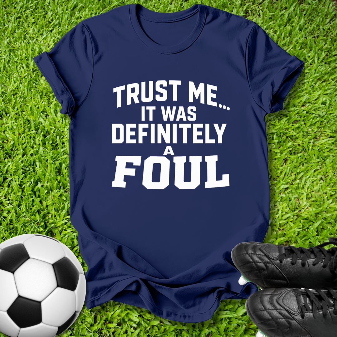 A navy blue graphic t-shirt with the text 'TRUST ME.