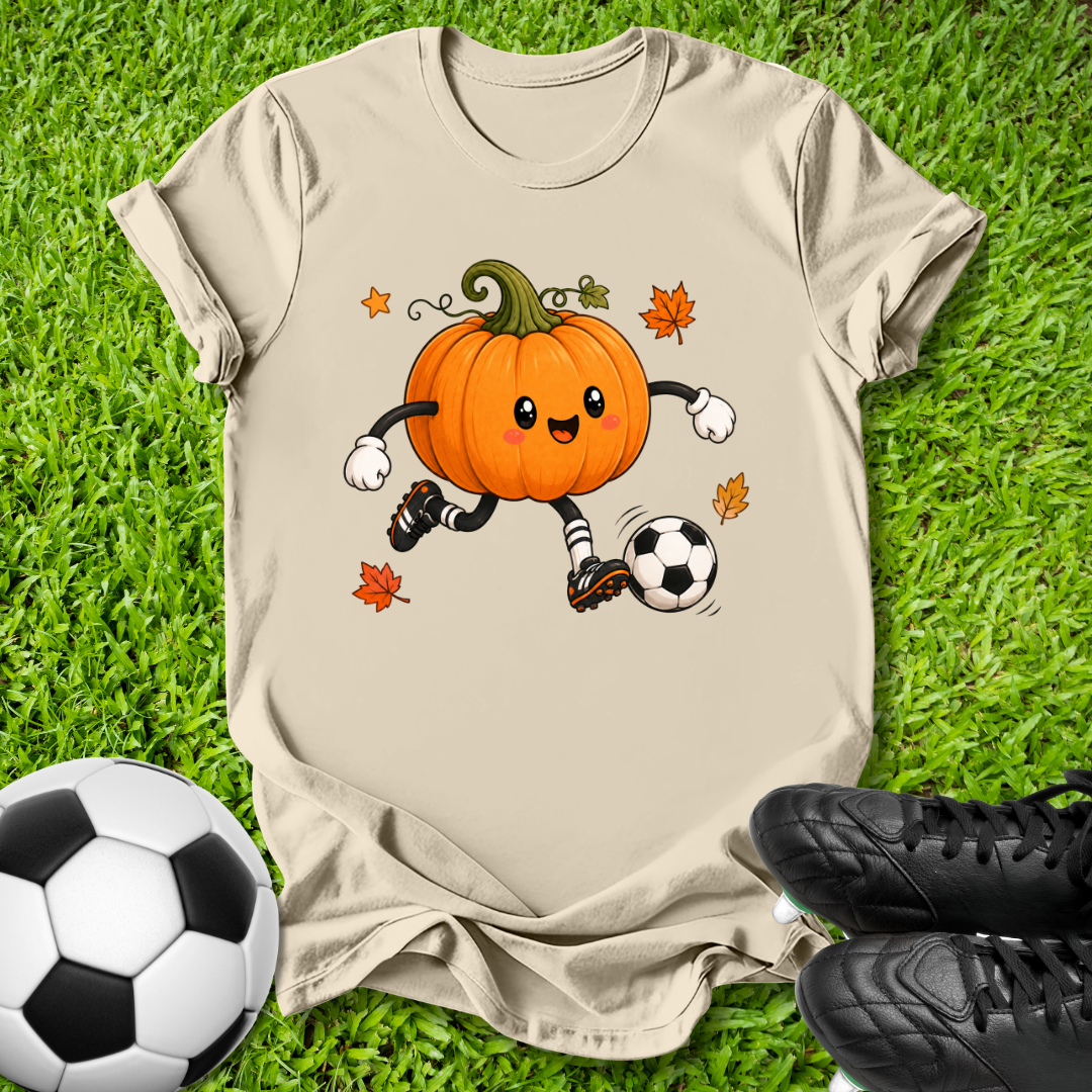 A beige graphic t-shirt featuring a cute cartoon pumpkin soccer player, laid flat on green grass with a soccer ball and black cleats as props.