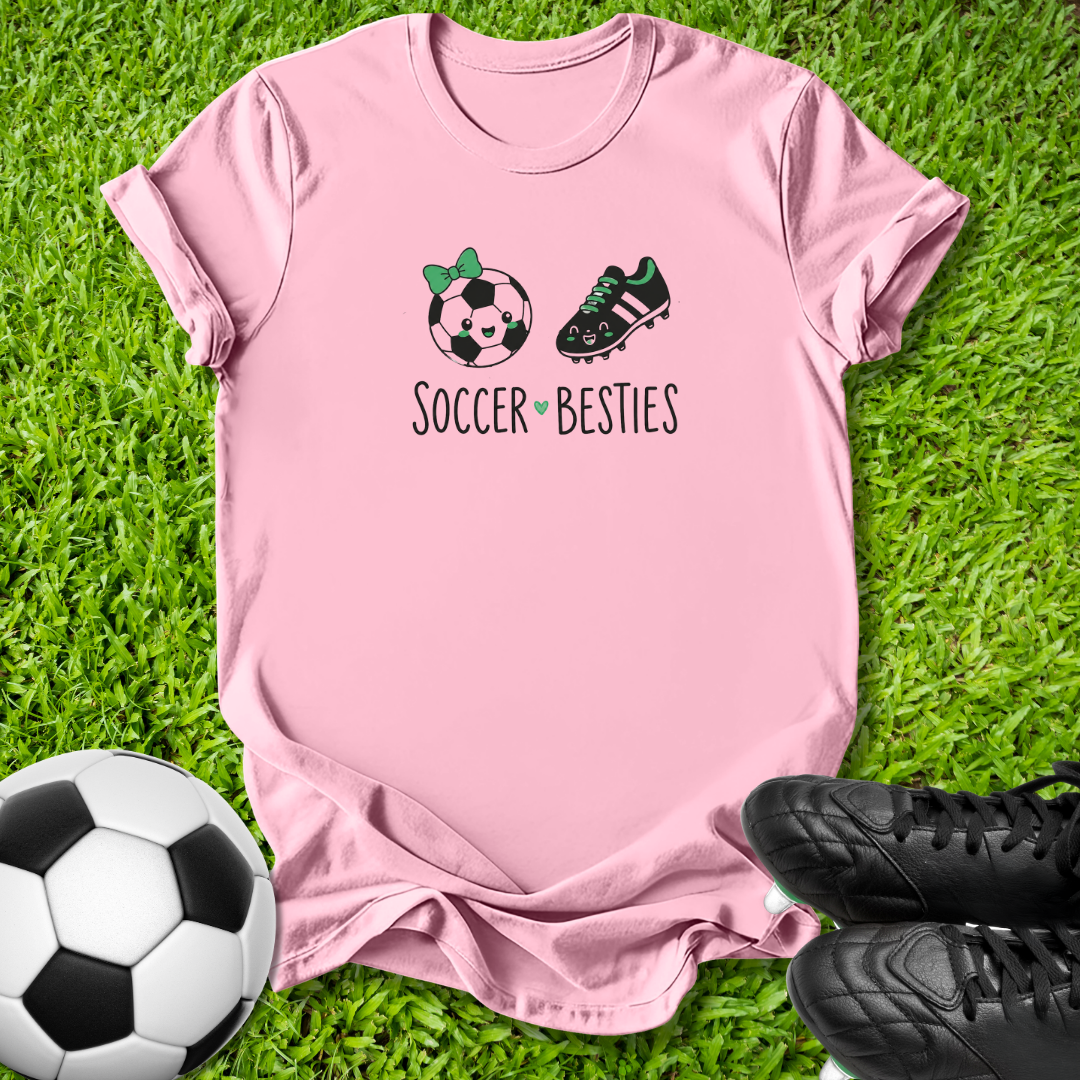 A pink short-sleeve t-shirt laid flat on green grass, featuring a soccer-themed graphic with a soccer ball, a cleat, and the text 'SOCCER BESTIES'. A black-and-white soccer ball is at the bottom left, and black cleats are at the bottom right.