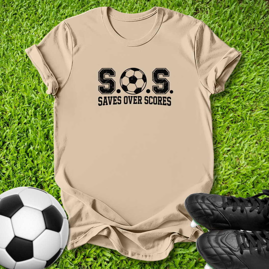 A beige short-sleeve t-shirt with a black 'S.O.
