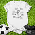 A white graphic t-shirt laid flat on green grass, surrounded by a soccer ball on the left and black cleats on the right. The t-shirt features a black line art diagram of a soccer player with labeled parts and text boxes.