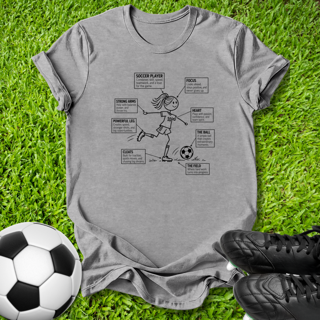 A heather gray graphic t-shirt featuring a black line art diagram of a soccer player with labeled parts of the sport, laid flat on green grass with a soccer ball and black cleats nearby.