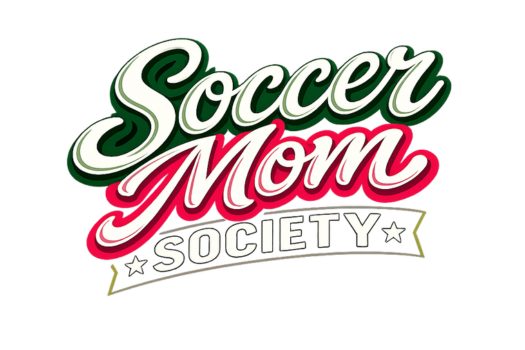 Logo for 'Soccer Mom Society' with green, red, and white text on a white background